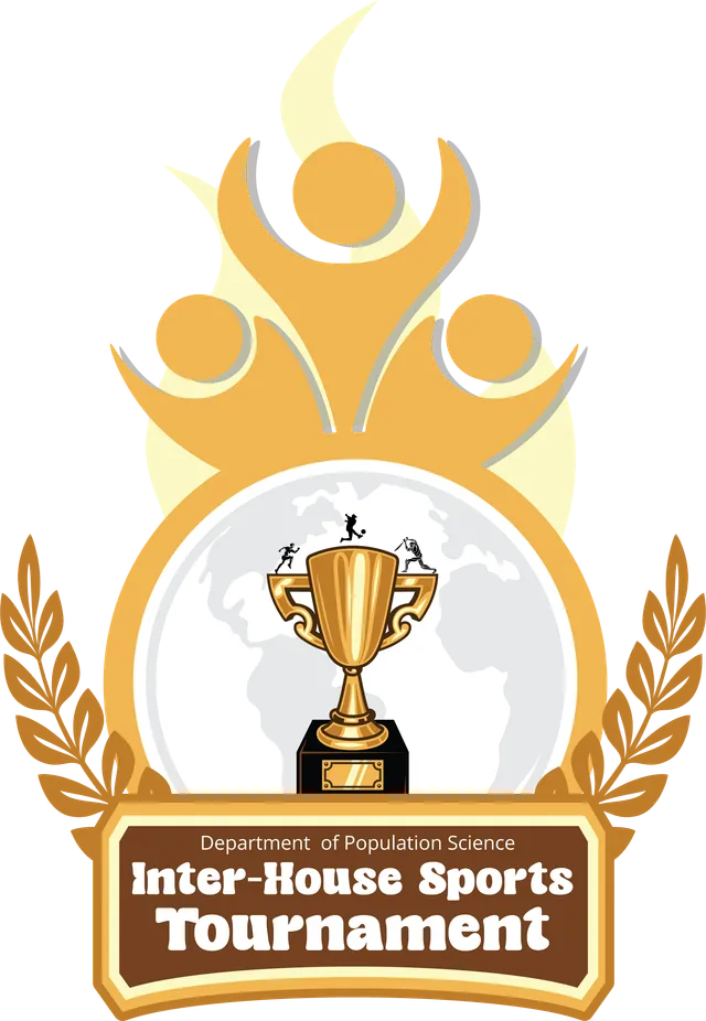 Inter-House Sports Tournament emblem: a gold trophy on a globe beneath three rising figures, framed by laurels, for the Department of Population Science.