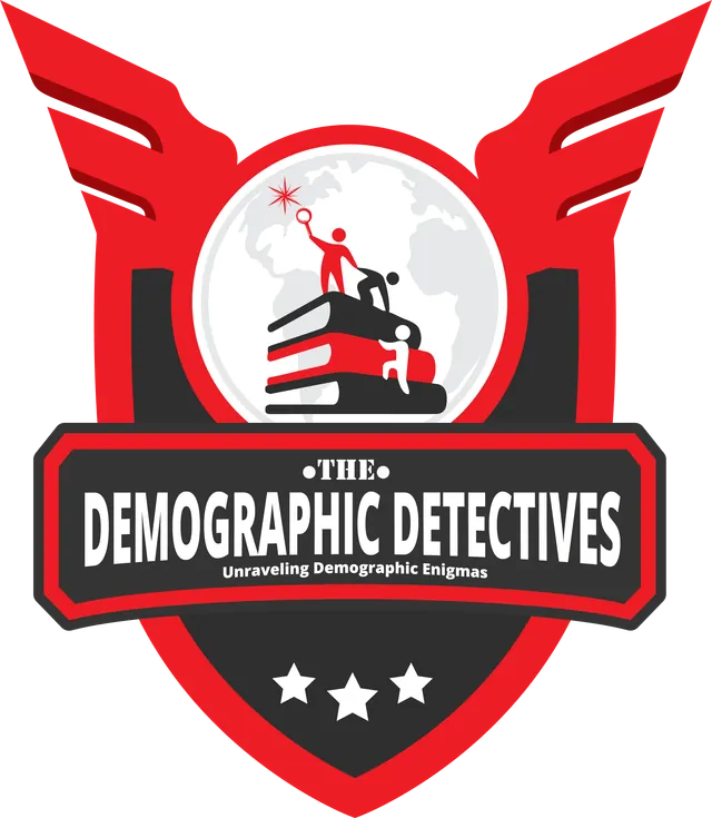 The Demographic Detectives crest: red wings and shield around a globe and a stack of books, with three stars.
