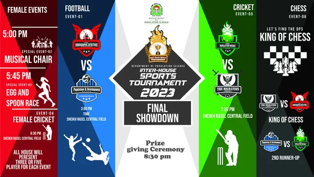 Inter-House Sports Tournament 2023 fixture banner with panels for female events, football, cricket and chess around the final showdown.