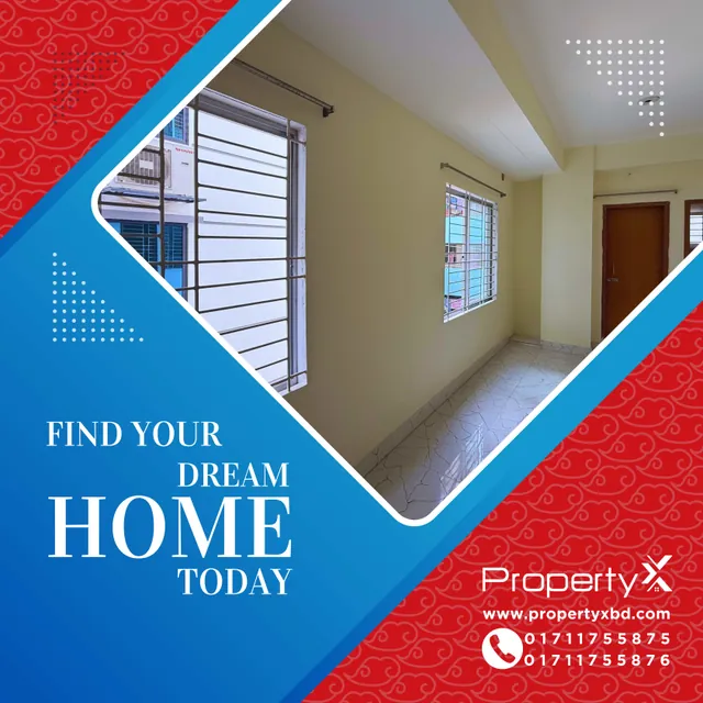 PropertyX social ad: an apartment interior in a tilted frame on red and blue, headlined Find Your Dream Home Today.