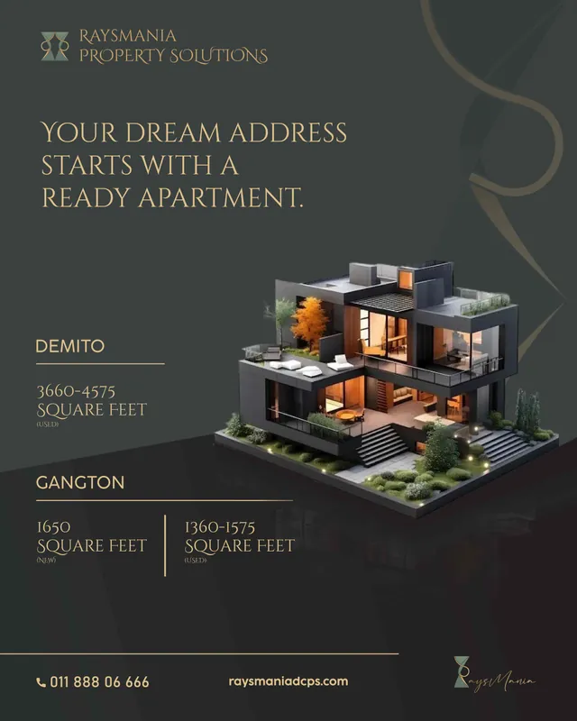 Raysmania Property Solutions poster: a modern house render with floor areas for the Demito and Gangton projects.