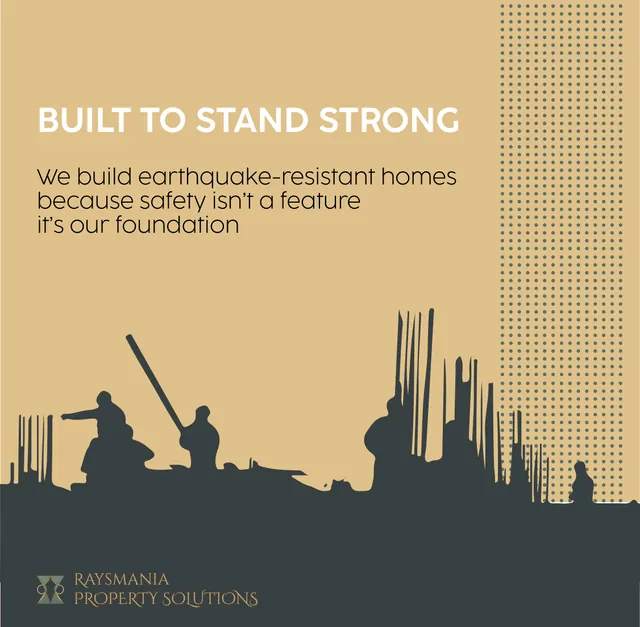 Variant of the Built to Stand Strong ad in sand and slate, with a silhouetted construction site.