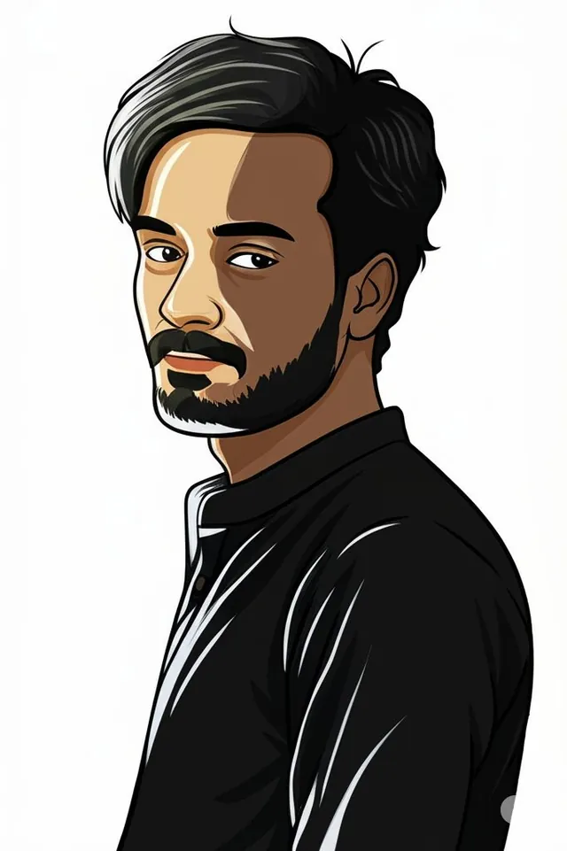 Illustrated caricature of a man with swept-back hair and a beard, in a black shirt.