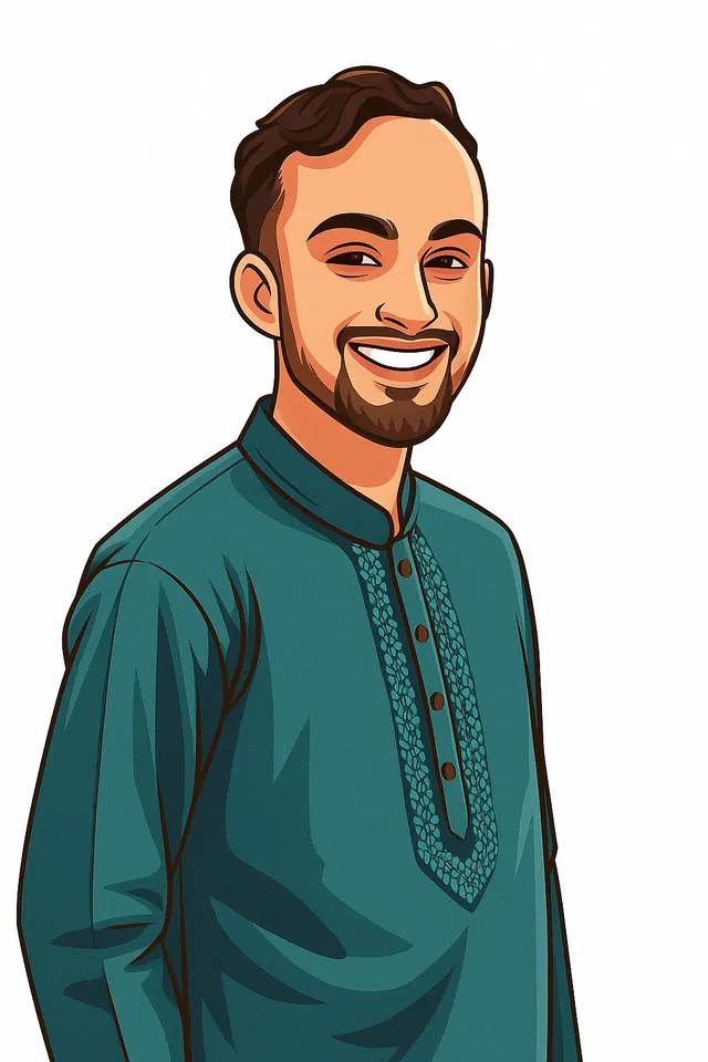 Illustrated caricature of a smiling bearded man in an embroidered teal panjabi.