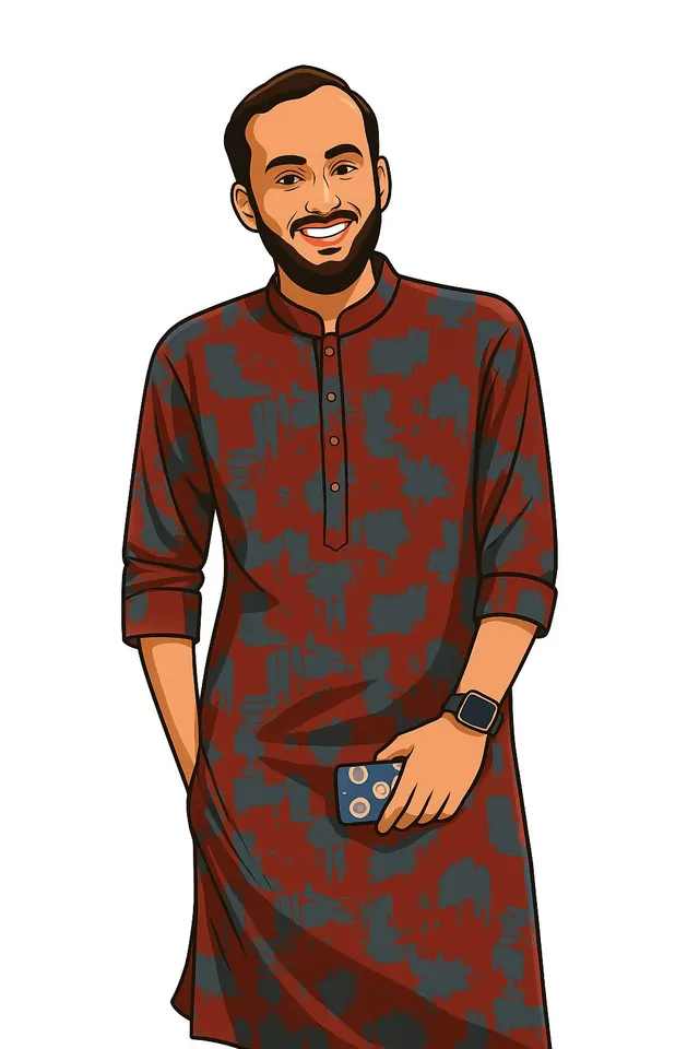 Full-length illustrated caricature of a smiling man in a red patterned panjabi, holding a phone.