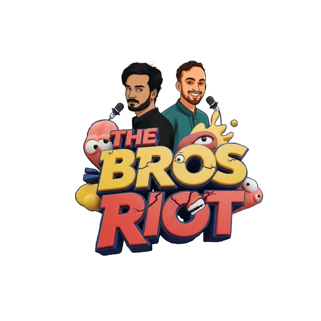 The Bros Riot podcast logo: two illustrated hosts with microphones above a bubbly 3D wordmark.