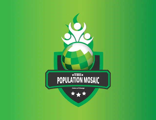 The Population Mosaic crest: a green shield with a checkered globe, on a green gradient.