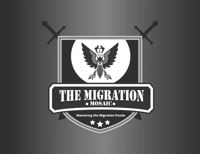 The Migration Mosaic crest: a black and white eagle shield with crossed swords, on grey.