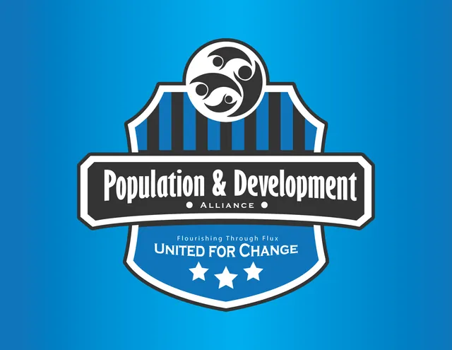 Population and Development Alliance crest: a blue striped shield reading United for Change, on blue.