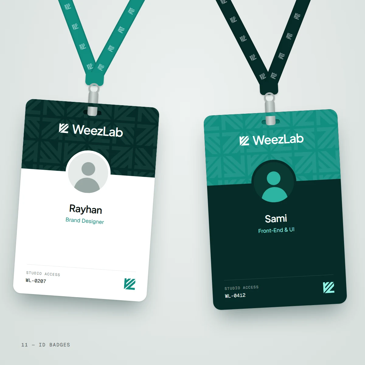 Two WeezLab ID badges on lanyards printed with the mark, one teal and one deep teal: a white badge with a patterned deep teal header and a deep teal badge with a teal header.