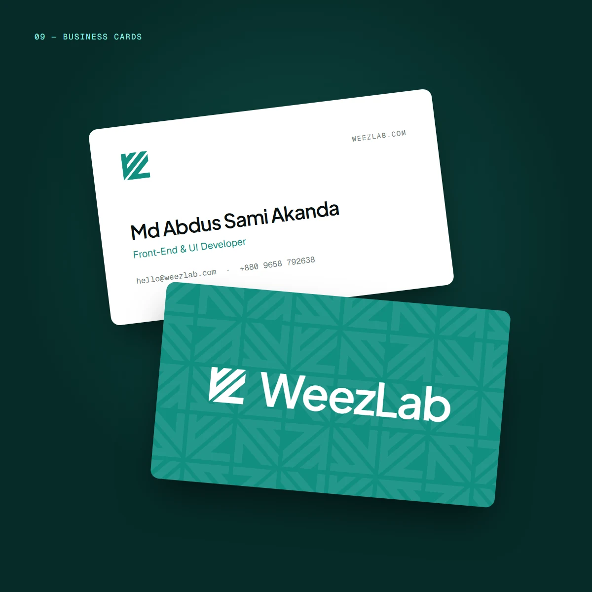 WeezLab business cards on deep teal: a white front with name and contact details and a teal back with the logo over the pattern.