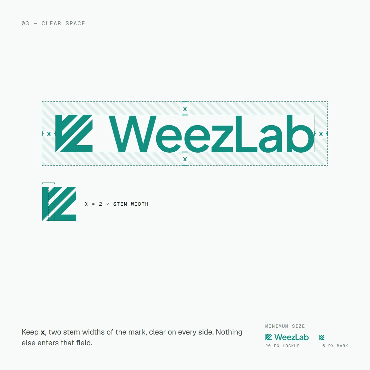 The WeezLab lockup inside a hatched clear-space field with x measured on every side, a diagram showing x as two stem widths of the mark, and minimum sizes of 20 pixels for the lockup and 16 pixels for the mark.
