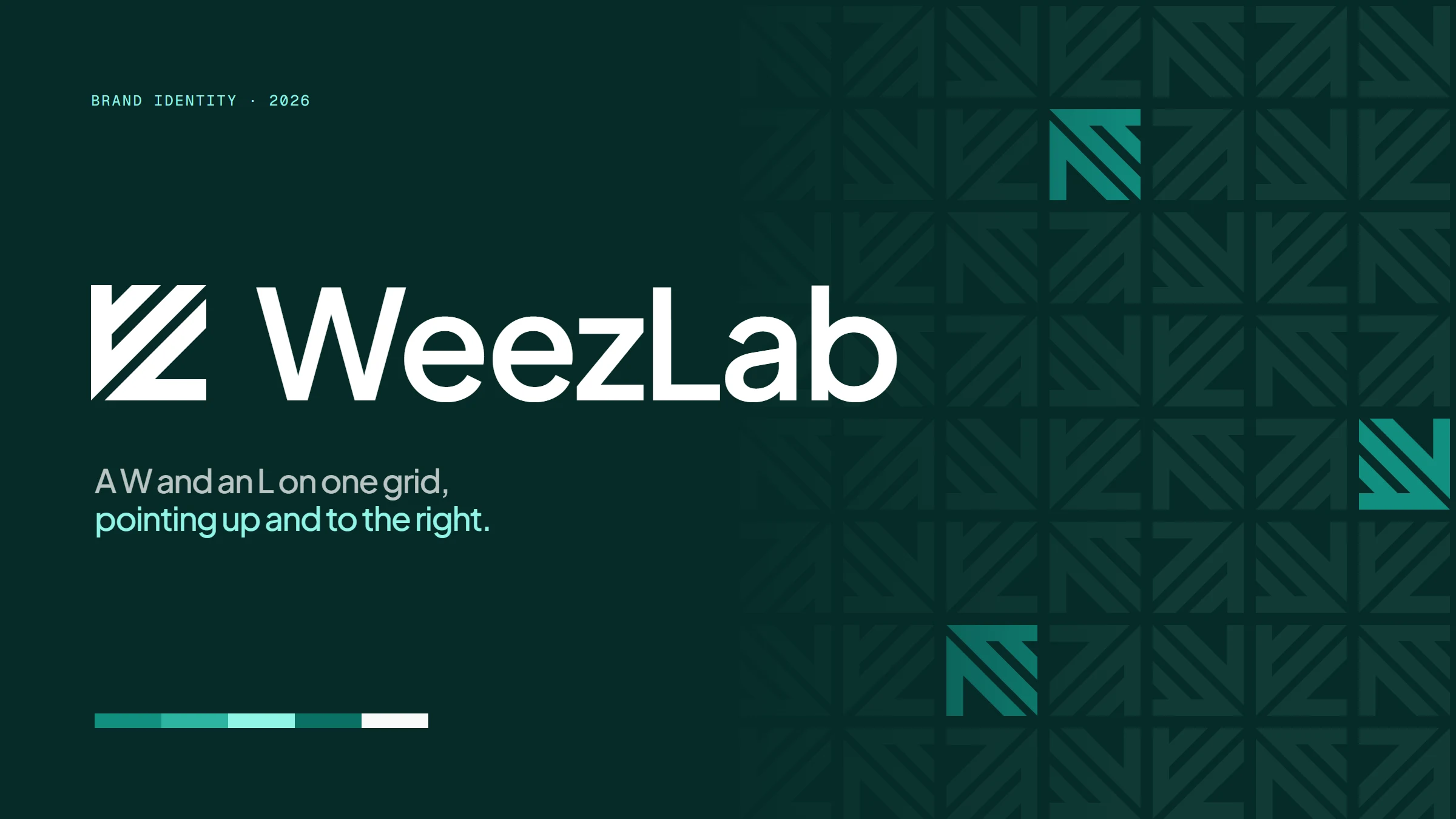 The WeezLab logo in white on deep teal beside a woven pattern of the logomark, with the line A W and an L on one grid, pointing up and to the right.