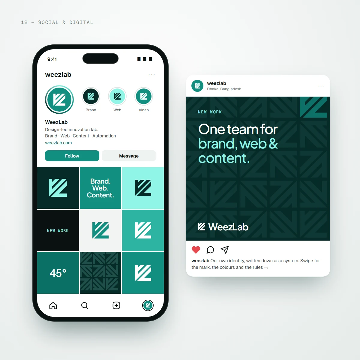A phone showing the WeezLab social profile with the logomark avatar, highlight circles and a nine-tile branded grid, next to a feed post reading One team for brand, web and content.