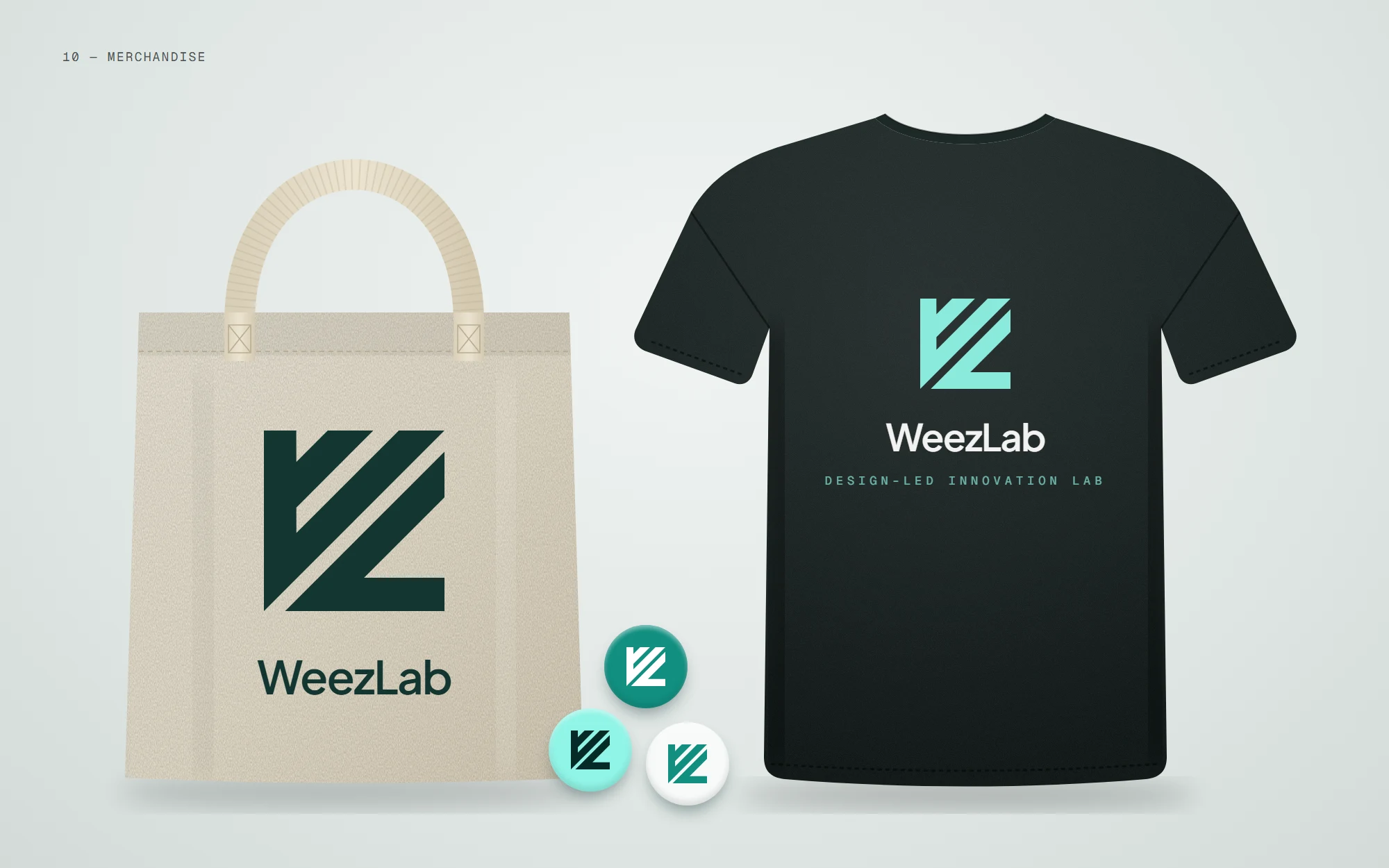 WeezLab merchandise: a natural canvas tote printed with the logomark and wordmark in deep teal, a black T-shirt with the mark in mint, and three enamel pins.