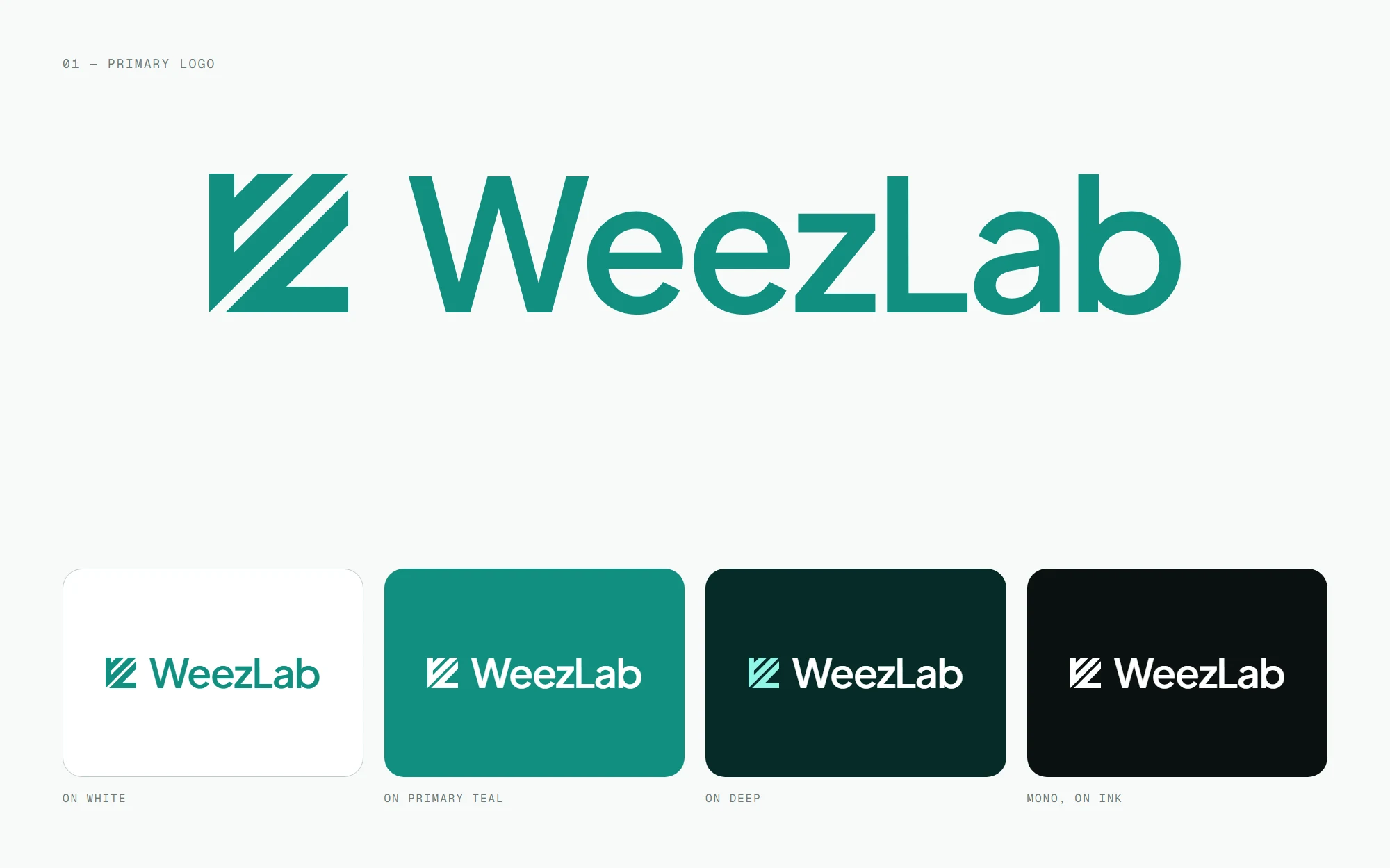 The WeezLab primary logo in teal, with four versions below: on white, on primary teal, on deep teal and in mono on ink.