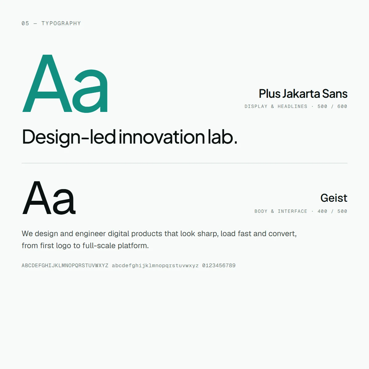 Typography specimen: Plus Jakarta Sans for display and headlines, Geist for body and interface, with sample lines in each.